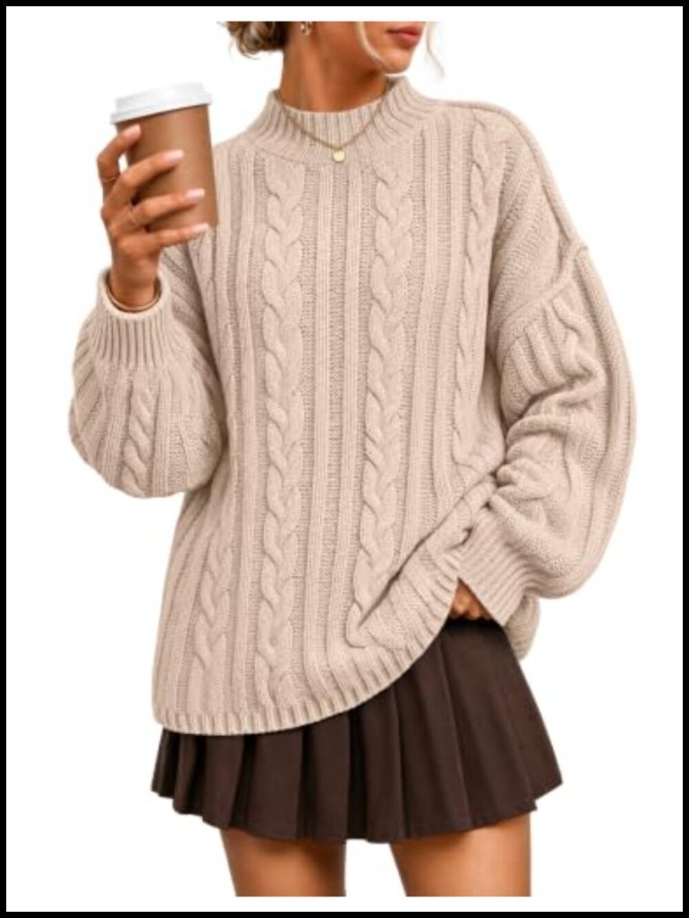 Oversized Mock Neck Cable Knit Pullover Sweater Women Cozy Drop Shoulder Winter